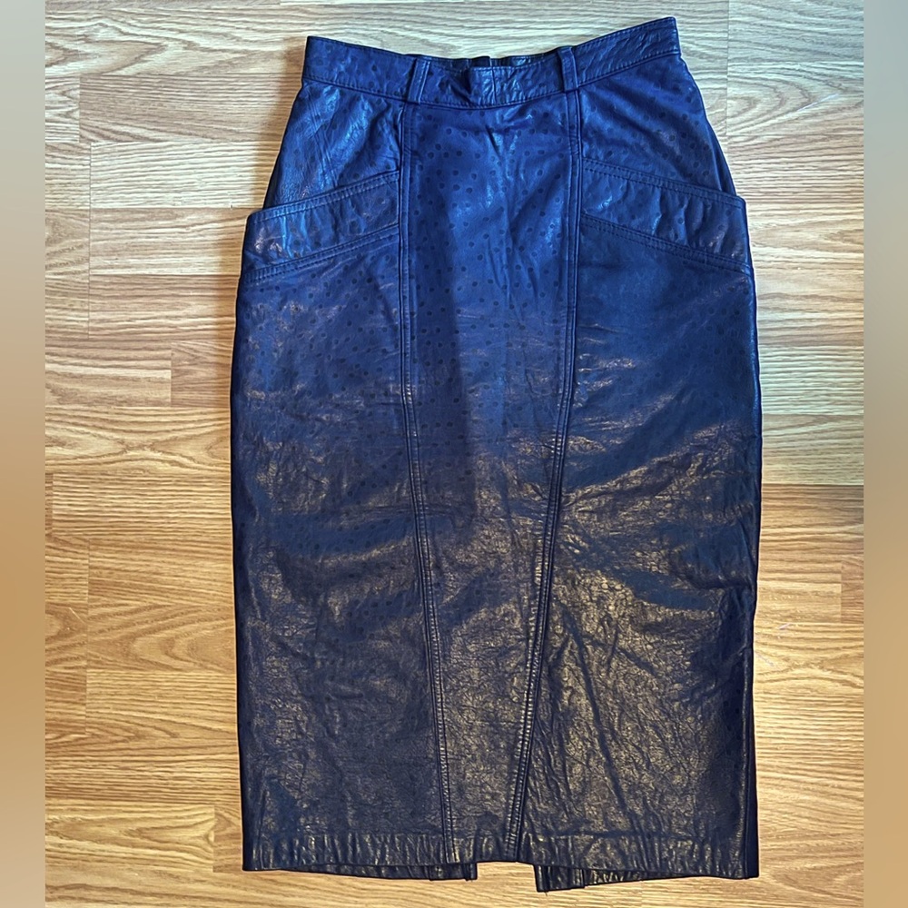 Navy Blue Leather Pencil Skirt - Size 8